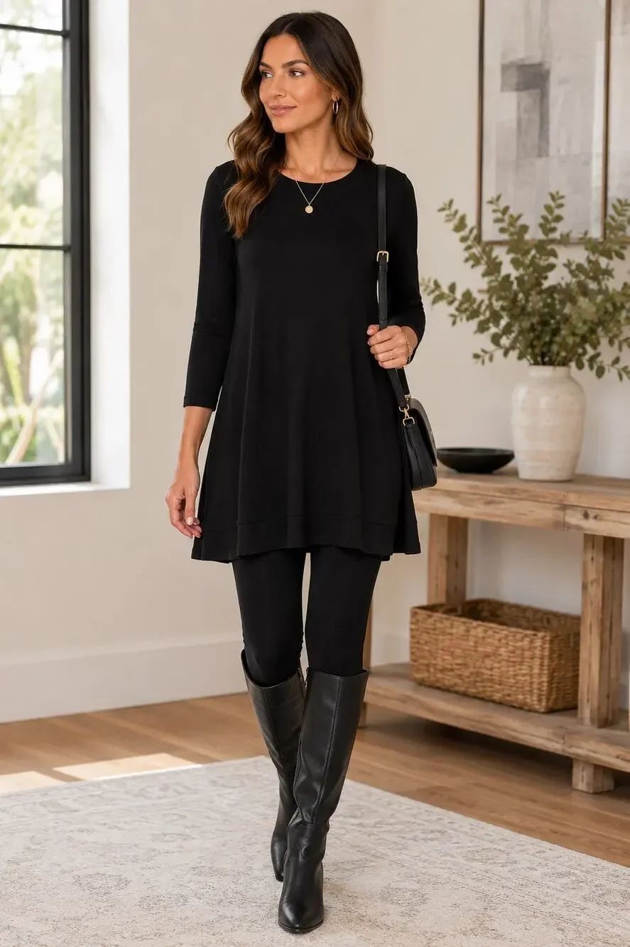 IC Collection Black Long Sleeve Swing Dress Size Small Stretch A-Line Knit Tunic